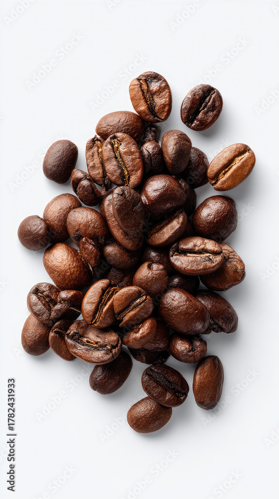 Fototapeta premium Scattered roasted coffee beans on white background