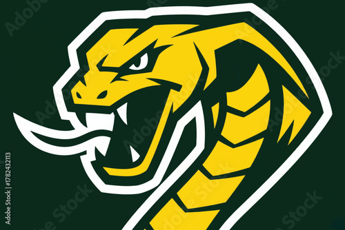 Aggressive cobra head illustration with open mouth, sharp fangs, and extended tongue. Bold yellow and black design with white outline, perfect for sports mascots, branding, tattoos, and cultural artwo