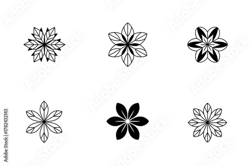 Six floral designs in black and white showcasing different botanical patterns and artistic flower arrangements