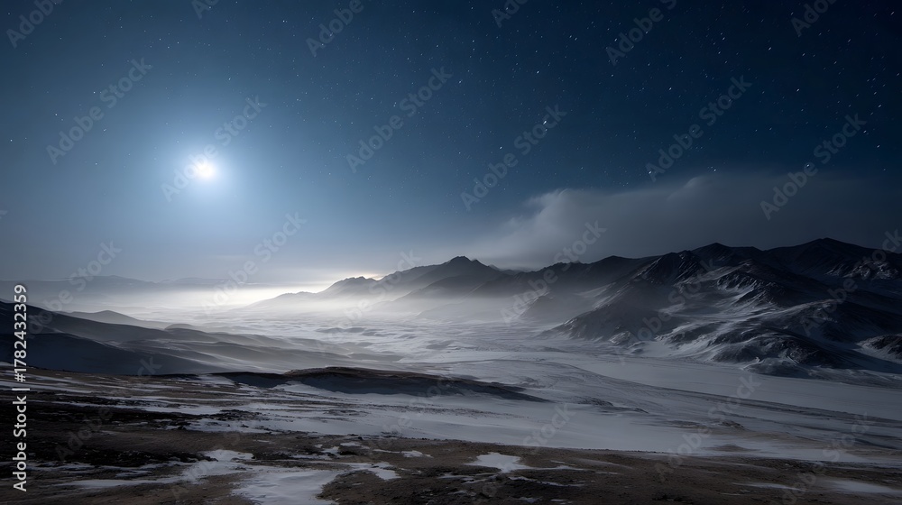 Obraz premium Moonlit winter mountains under a starry night sky with ethereal mist and snow covered terrain