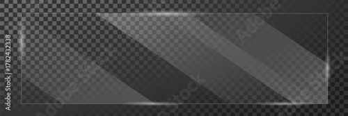 Flat glass plate, transparent banners, realistic screen glass, window mockup, clear glass showcase, glossy plastic glare frame, acrylic with glares and light, clear rectangular plate, plexiglas, 3d