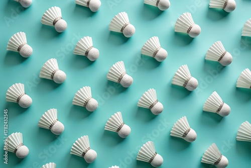 Shuttlecock Pattern on Blue Background Badminton Sport Equipment White Feathered Shuttlecocks