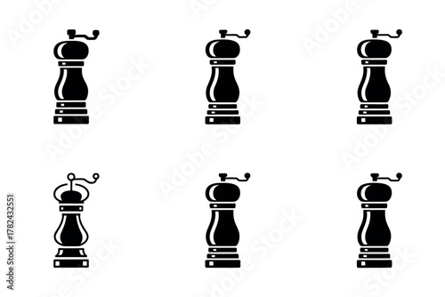 Seamless pattern of black pepper grinders on a white background for culinary or restaurant themed designs