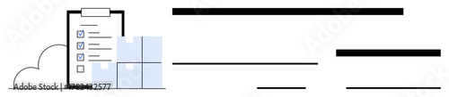 Checklist clipboard with marked tasks, cloud, and stacked boxes emphasize organization, logistics, and shipping optimization. Ideal for warehouse, inventory, planning, management delivery storage
