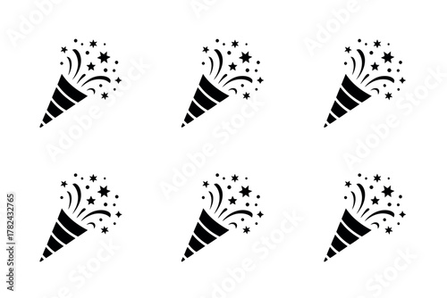 Seamless pattern of black party poppers on a white background perfect for celebrations and festive occasions