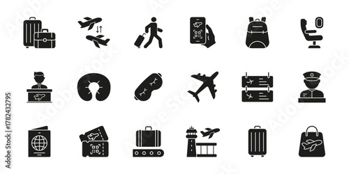 Travel And Aviation Essentials Solid Icon Set. Air Travel, Airport Services, And Passenger Experience Silhouette Symbol Collection. Includes Luggage and Airplane Icons. Isolated Vector Illustration
