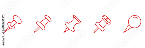 Push Pin And Thumbtack Line Icon Set. Office And Organization Tools Outline Symbol Collection. Stationery And Notice Board Essentials. Editable Stroke. Isolated Vector Illustration