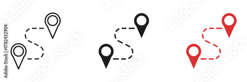 Path Direction with Destination Pointer Line and Solid Icon Set. Route Tracking and Travel Waypoint Navigation Symbol Collection. Isolated Vector Illustration