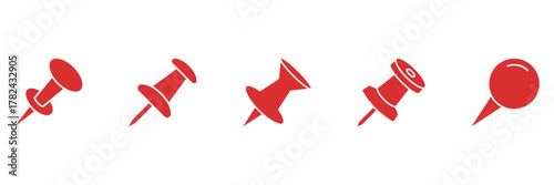 Red Push Pin Solid Icon Set. Office Supplies, Bulletin Board, And Map Location Marker Silhouette Symbol Collection. Stationery And Navigation Tools. Isolated Vector Illustration