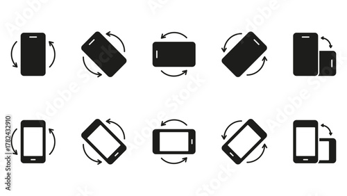 Smartphone Rotation And Orientation Solid Icon Set. Device Screen Rotation, Landscape And Portrait Mode Silhouette Symbol Collection. Mobile Interface Adjustment. Isolated Vector Illustration