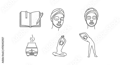 Self-Care Rituals Daily Wellness Activities Line Art Icon Set Vector