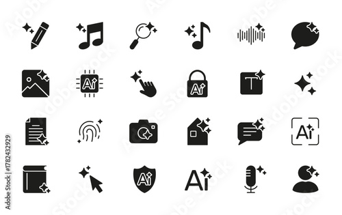 Generate AI Multimedia User Interface. Artificial Intelligence Signs With Sparkle Effect. AI tool and sparkle Solid Icon. Isolated Vector Illustration