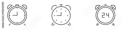 Alarm Clock Line Icon Set. Time Management, Wake-Up, And Scheduling Outline Symbol Collection. Analog And Digital Clock Variations. Editable Stroke. Isolated Vector Illustration