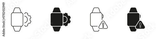 Smartwatch With Gear And Alert Icon Set. Device Configuration And System Warning Outline And Silhouette Symbol Collection. Technology And Notification Management. Isolated Vector Illustration