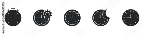 Clock And Time Management Solid Icon Set. Day And Night Cycle, Stopwatch, And Time Tracking Silhouette Symbol Collection. Timekeeping And Scheduling Concepts. Isolated Vector Illustration