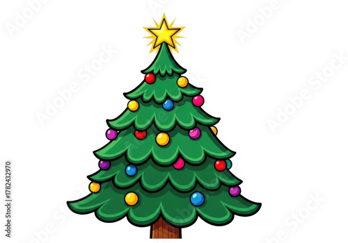 Festive cartoon christmas tree with star and colorful ornaments