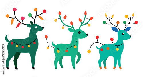 Three cartoon reindeer decorated with colorful Christmas lights holiday