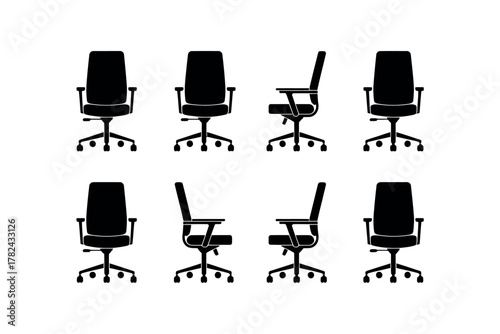 Eight black office chairs arranged in a grid pattern against a white background showing different angles and perspectives