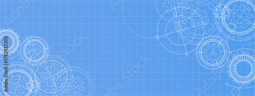 Abstract Technology background with gears and wheels. mechanism scheme on paper. Industrial Blueprint. Technical sketch. vector illustration. copy space