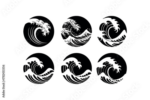 Six stylized black and white wave icons in circular frames representing ocean currents and nautical themes beautifully