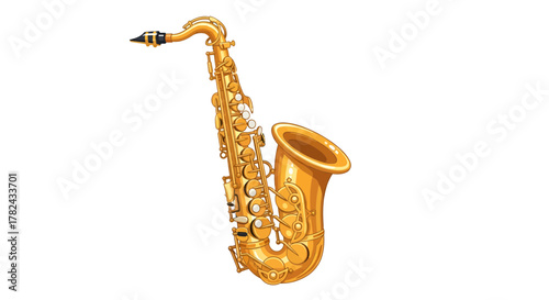 Illustration of a gleaming golden saxophone against a clean white backdrop creates musical harmony