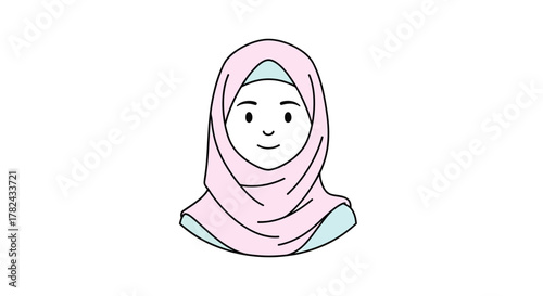Illustration of a minimalist muslim woman with a pink hijab, showcasing diversity and