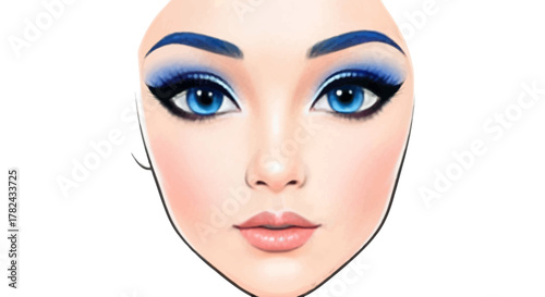 Illustration featuring a stylized woman's face adorned with vibrant blue eye makeup in a graphic