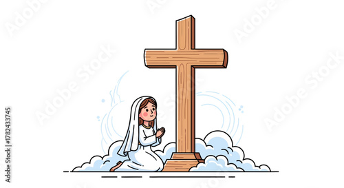 Illustration of a woman praying before a wooden cross symbolizing faith and devotion