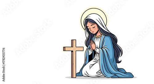 Illustration of Virgin Mary in Prayer with Cross Depicting Devotion and Faith