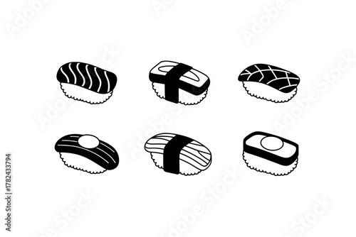 Minimalist sushi nigiri set in black and white line art for restaurant menus and food illustrations on white background