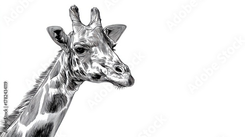 Detailed Black and White Illustration of a Giraffe's Head