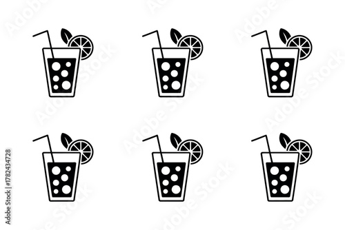 Seamless pattern of refreshing summer drinks with lemon slices and straws in a minimalist black and white style