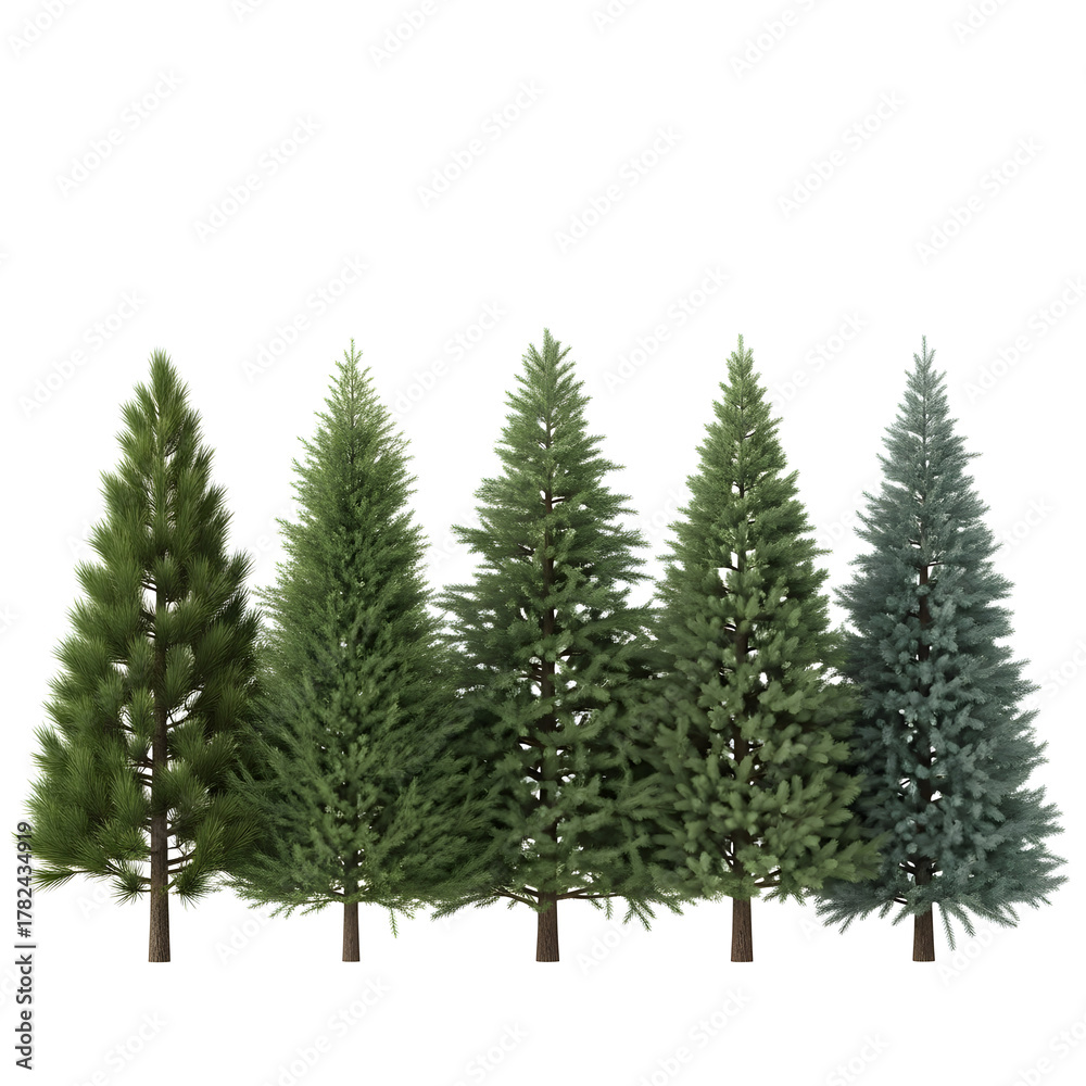 Obraz premium Group of evergreen coniferous trees isolated on white perfect for winter holiday backgrounds and des