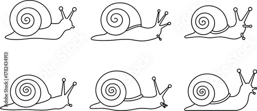 Six outlined snails with shells and antennae crawling across a white background in a simple vector illustration