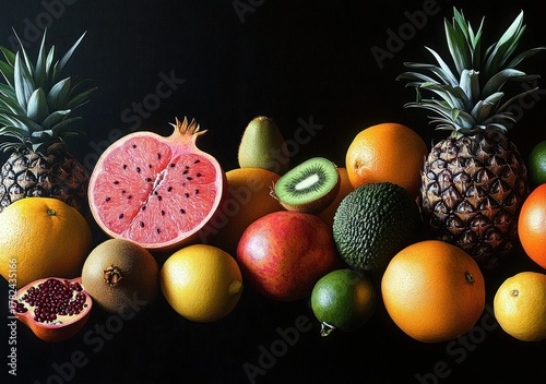 A colorful assortment of fresh fruits including pineapples, pomegranates, grapefruit, kiwi, avocado, lemons, oranges, and a small lime displayed against a black background