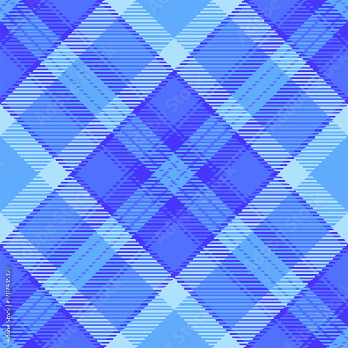Bandanna fabric check texture, asymmetric tartan seamless pattern. Tradition background plaid vector textile in blue and indigo colors.