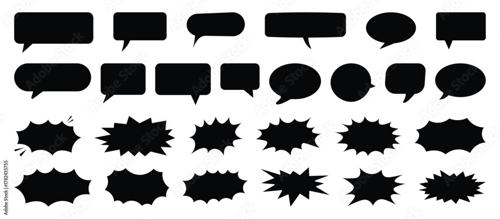 Fototapeta premium Comic burst, speech bubble, and text box silhouettes in vector style. essential graphic elements set for comic design, pop art, dialog highlights, and creative retro style storytelling. vector eps