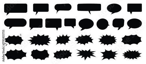Comic burst, speech bubble, and text box silhouettes in vector style. essential graphic elements set for comic design, pop art, dialog highlights, and creative retro style storytelling. vector eps