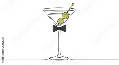 Martini glass with olives and bow tie symbolizing elegance, luxury, and celebration. Line art vector illustration, isolated on a transparent background