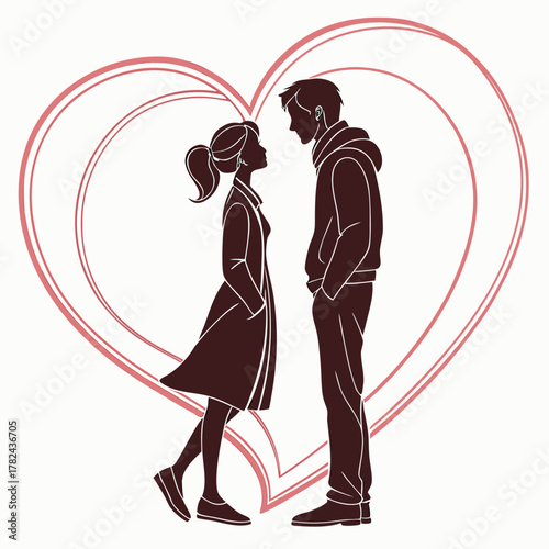 Silhouette of a couple in love, heart backdrop