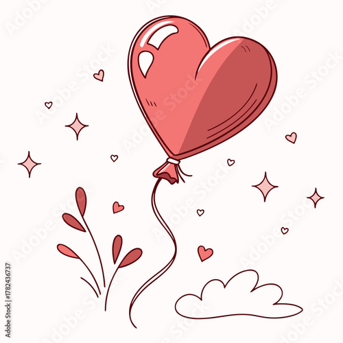 Heart shaped balloon floating with stars and cloud