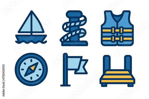Various maritime symbols representing boating safety and navigation tools on a clean background