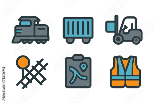 Railway and logistics icons for transportation safety and operation planning