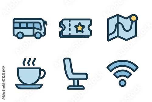 Travel essentials including a bus, ticket, map, coffee, chair, and Wi-Fi symbol for a comfortable journey