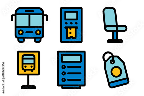 City transportation illustrations showing bus, vending machine, seat, sign, schedule, and ticket tag for easy commuting
