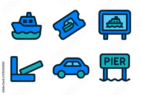 Various icons representing a boat ticket, car, pier, and related activities near water