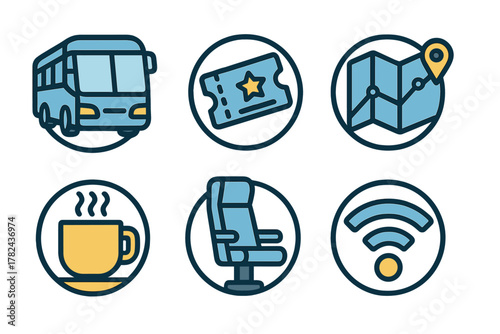 Travel icons showcasing bus transport, ticket, map, coffee, seat, and Wi-Fi for easy planning and connectivity on journeys