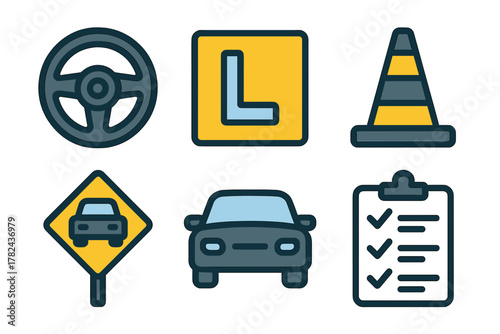 Driving lessons include signs, cones, steering wheels, and checklists to learn safe road practices
