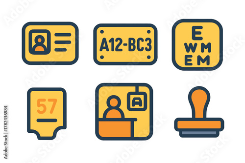 Various identification icons and symbols including ID card, license plate, membership card, and rubber stamp