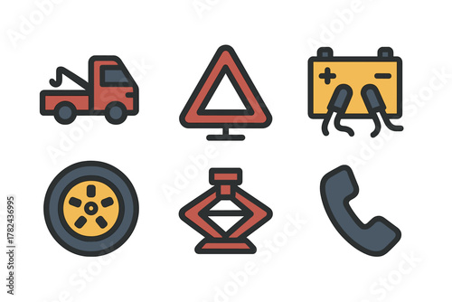 Tow truck, warning sign, battery, tire, jack, and phone icons on a white background representing roadside assistance services